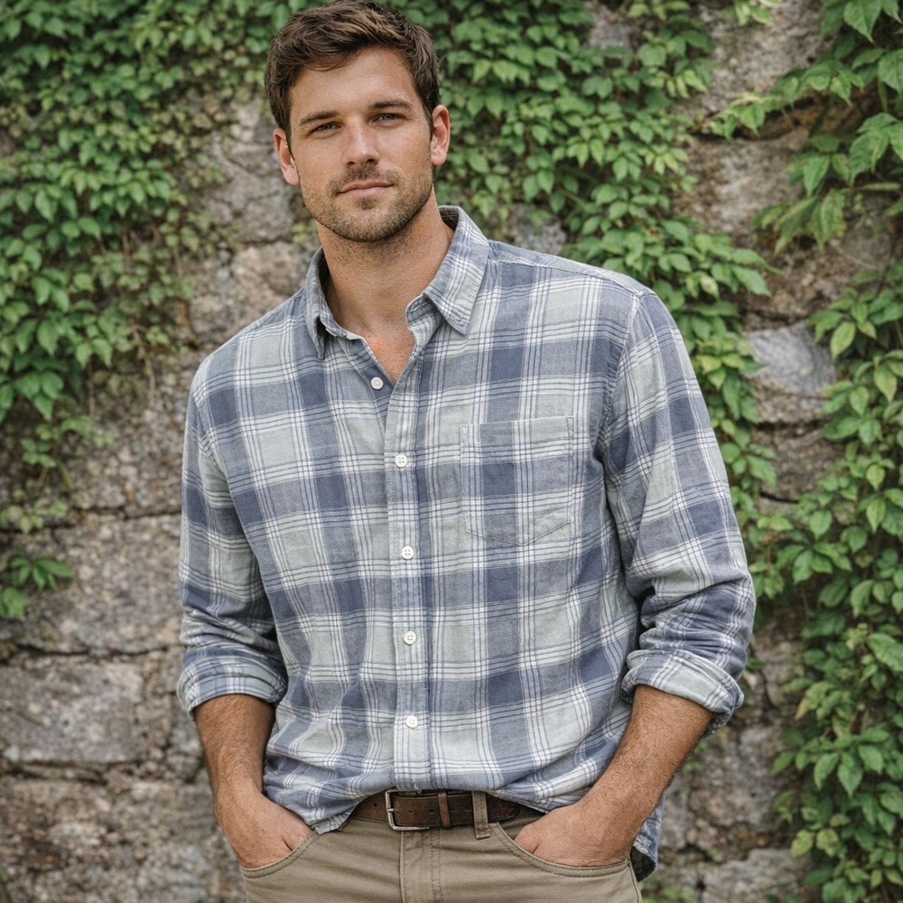 RAILS Men Button Front Blue and White Soft Plaid Shirt, L